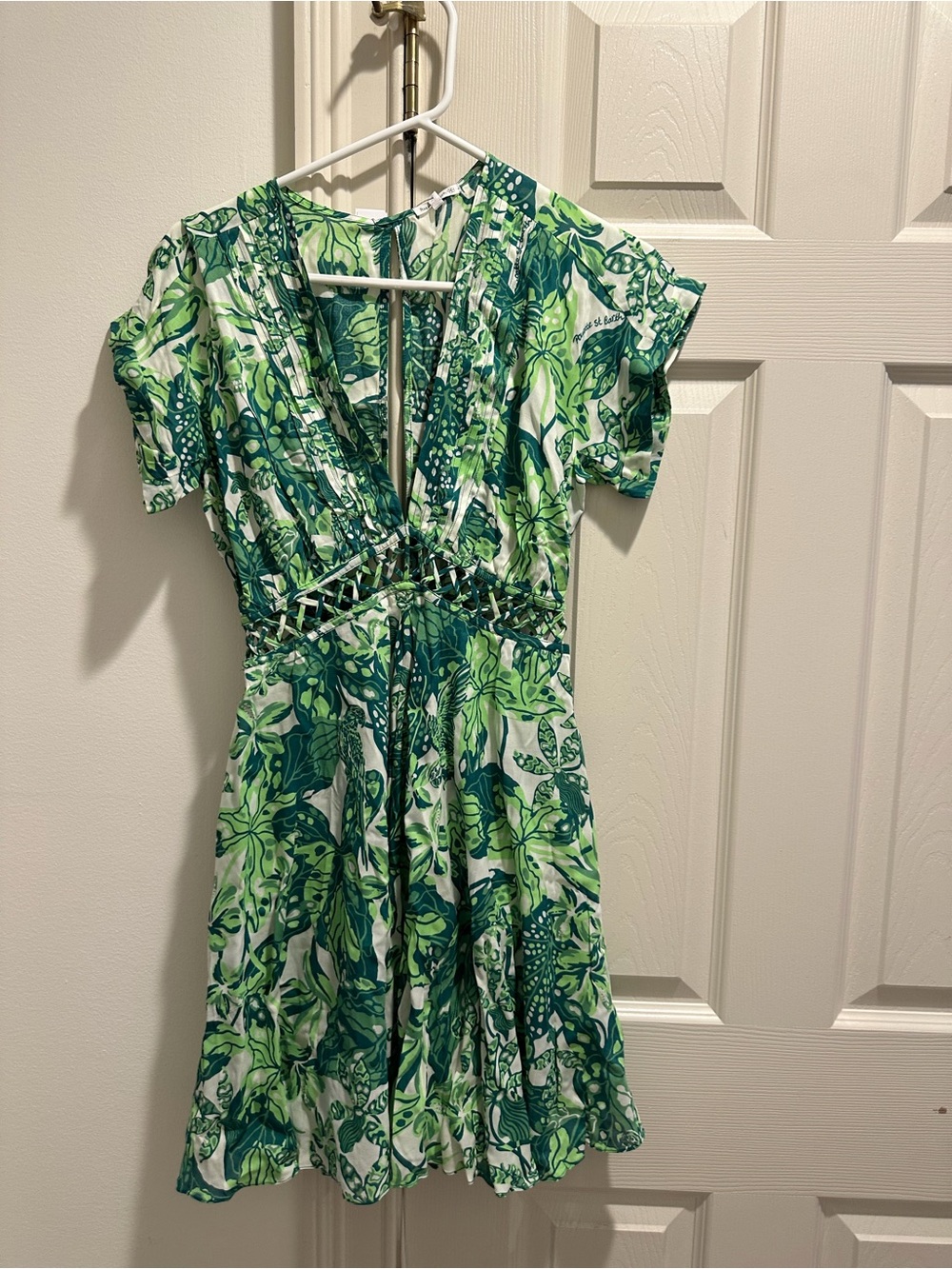Poupette St. Barth Green and White Leaf-Print Mini Dress